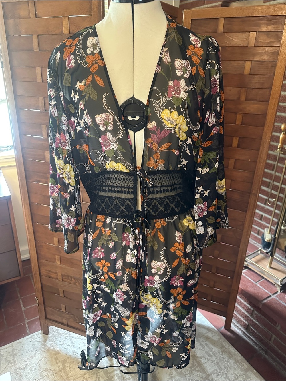 Cato Black Floral Sheer Robe with Lace Waistband